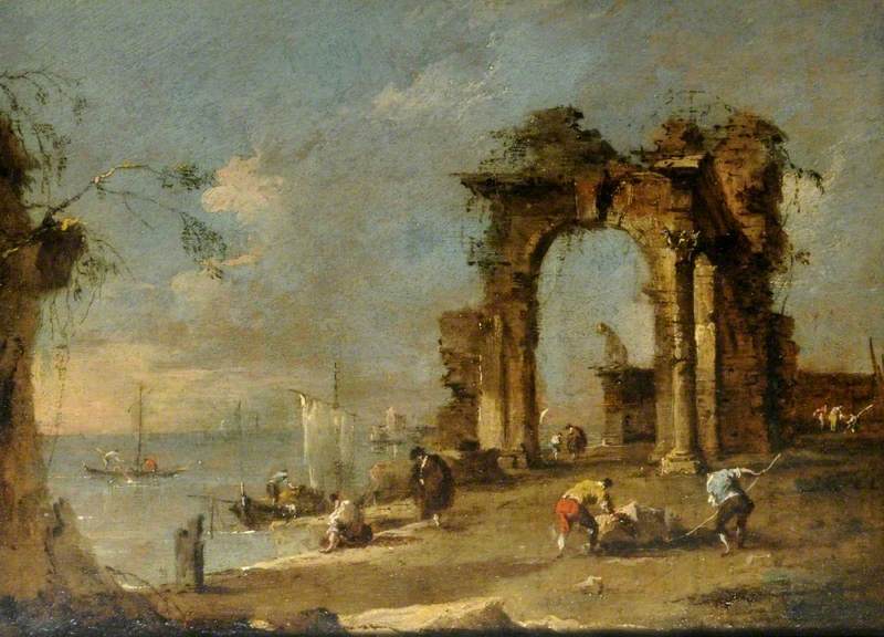 Capriccio med en ruinbro över en lagun - Francesco Guardi