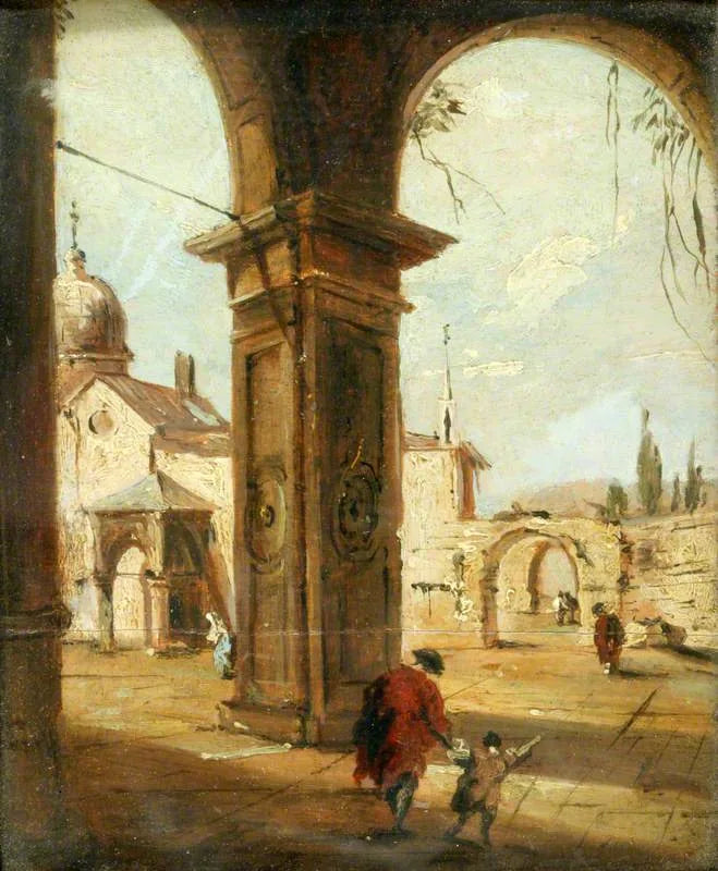 Capriccio med en kyrka sett genom en portik - Francesco Guardi