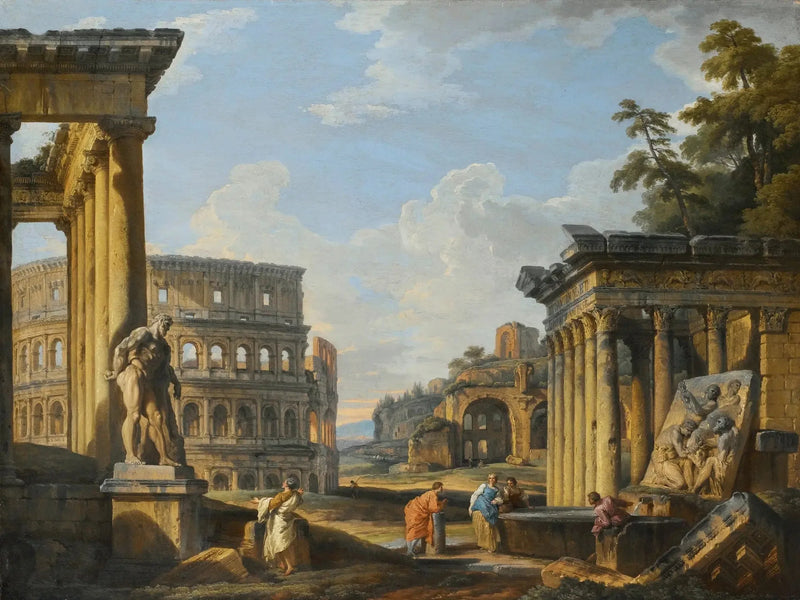 Klassisk ruin capriccio med Antoninernas tempel och Faustina, Colosseum, Maxentius basilika - Giovanni Paolo Panini