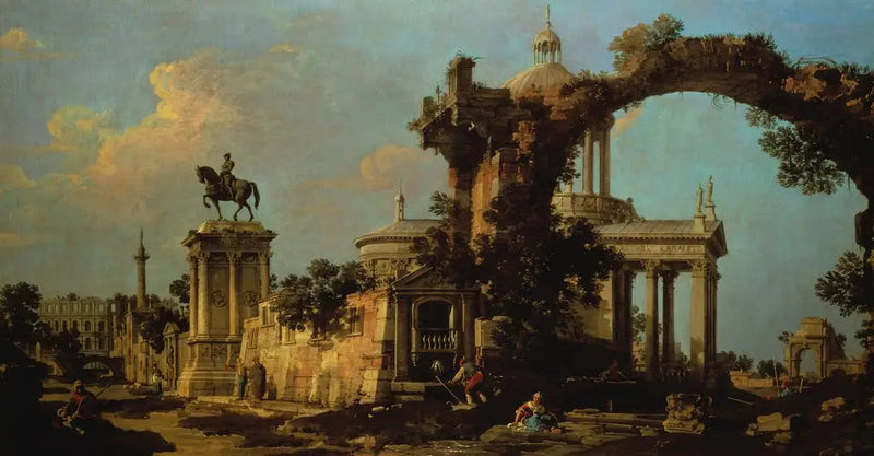 Capriccio av romerska ruiner med en kupolbelagd kyrka och Colleoni-monumentet - Canaletto