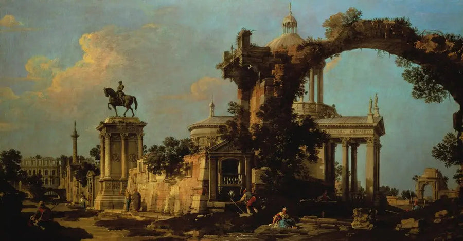 Capriccio av romerska ruiner med en kupolbelagd kyrka och Colleoni-monumentet - Canaletto