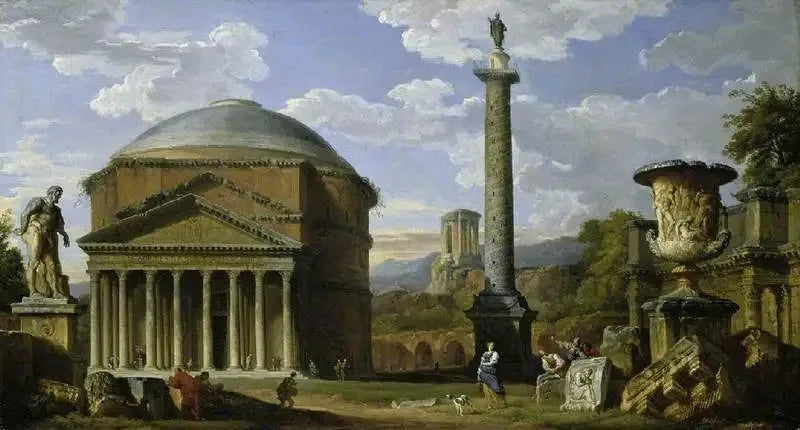 Capriccio av romerska ruiner med Pantheon - Giovanni Paolo Panini