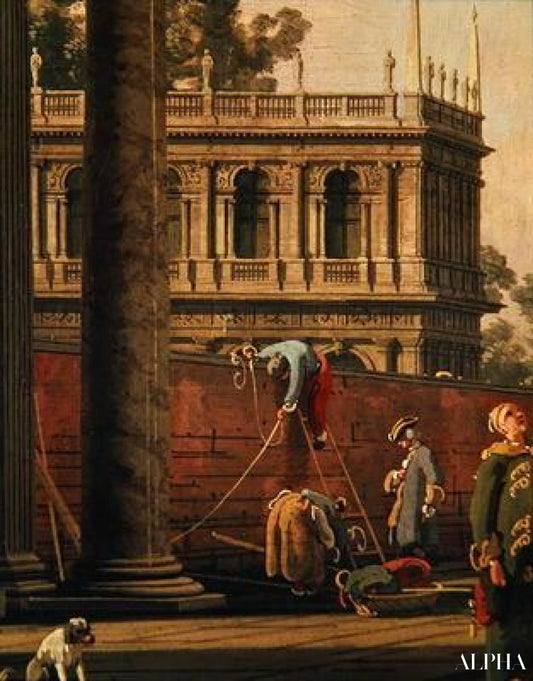 Capriccio d'un homme escaladant un mur (huile sur toile) - Giovanni Antonio Canal - Reproductions de tableaux et peintures haut de gamme