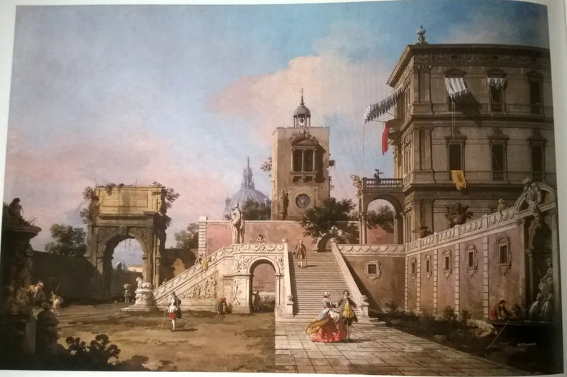 Capriccio av ett renässanspalats med en monumental trappa, ett klocktorn och Titusporten i fjärran - Canaletto