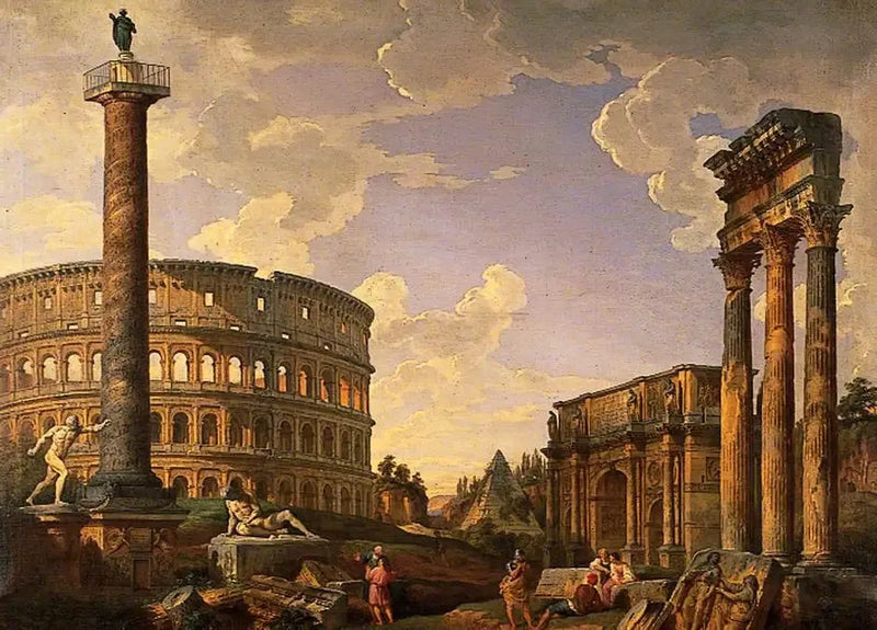 Romersk capriccio, ruiner med Colosseum - Giovanni Paolo Panini