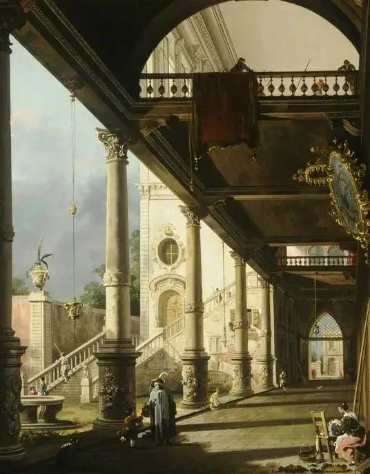 Capriccio: En kolonnad som vetter mot en palatsgård - Canaletto