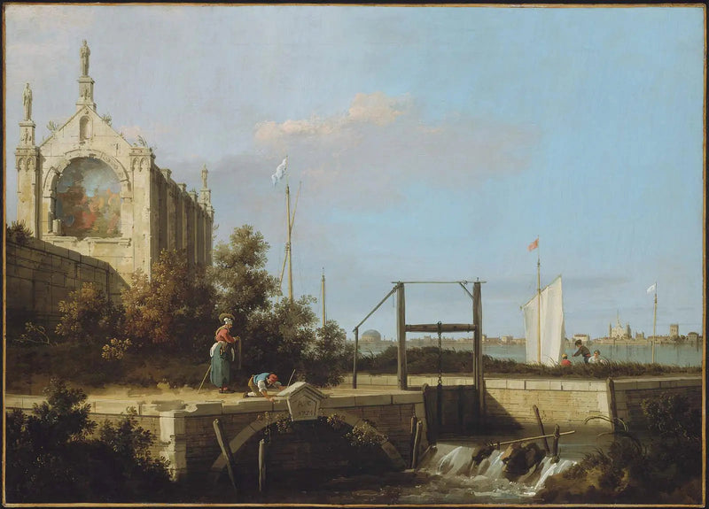 Capriccio: En sluss på en flod med en kapell - Canaletto