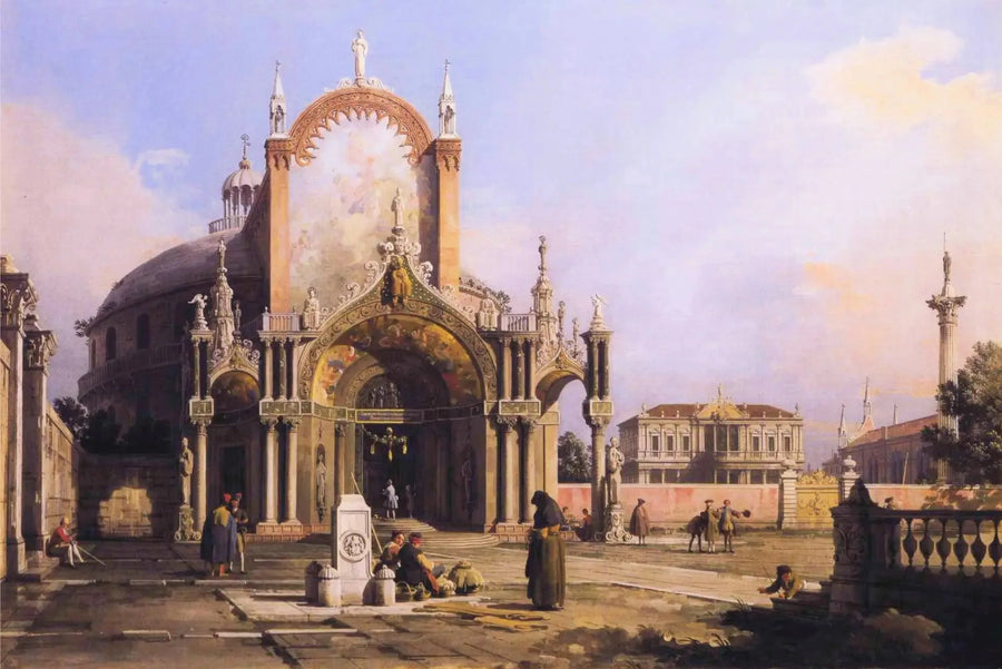 Capriccio: en rund kyrka med ett utsmyckat gotiskt portik på ett torg, ett palladianskt torg och en gotisk kyrka i bakgrunden - Canaletto
