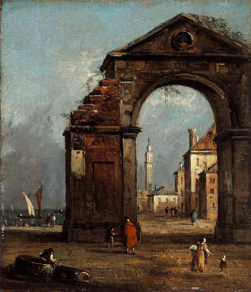 Caprice, med triumfbåge i ruiner och landskap vid lagunens kant - Francesco Guardi