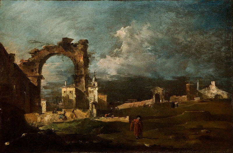 Caprice med ruiner av en båge och en villa i bakgrunden - Francesco Guardi