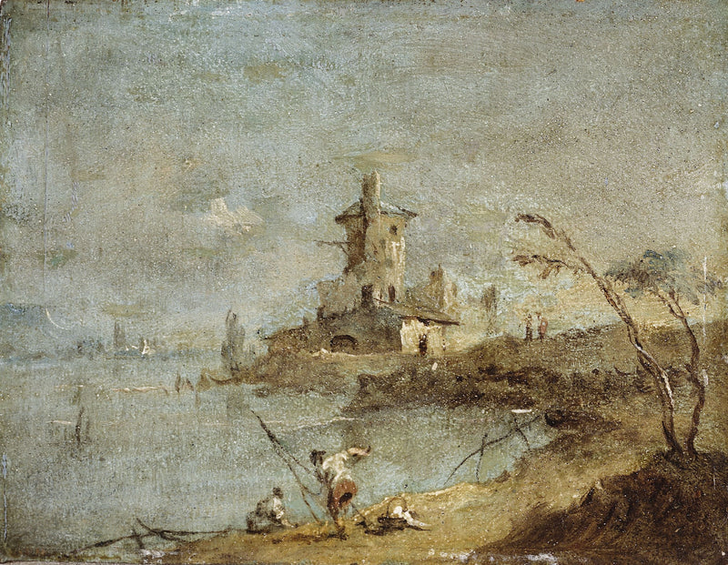 Rustik Caprice, med torn vid vattnet - Francesco Guardi