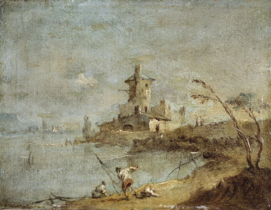 Rustik Caprice, med torn vid vattnet - Francesco Guardi