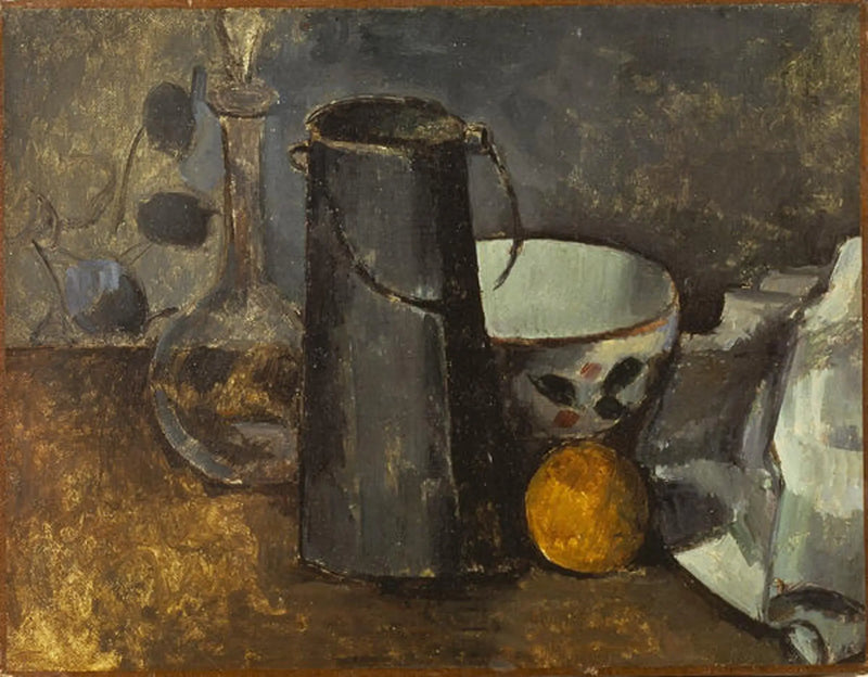 Karaff, mjölkburk, skål och apelsin - Paul Cézanne