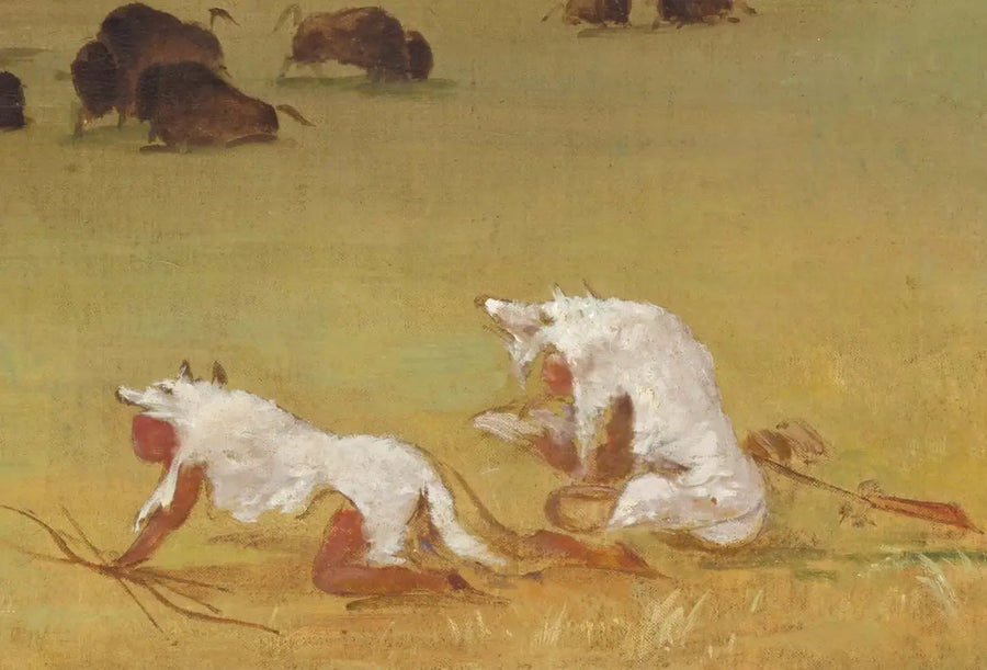 Catlin och hans indiska guide som närmar sig bisonen under vita vargskinn - George Catlin
