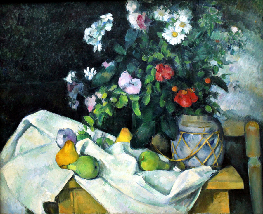 Blommor i en ingefärskrus och frukter - Paul Cézanne
