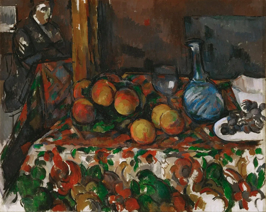 Persikor, karaff och figur - Paul Cézanne