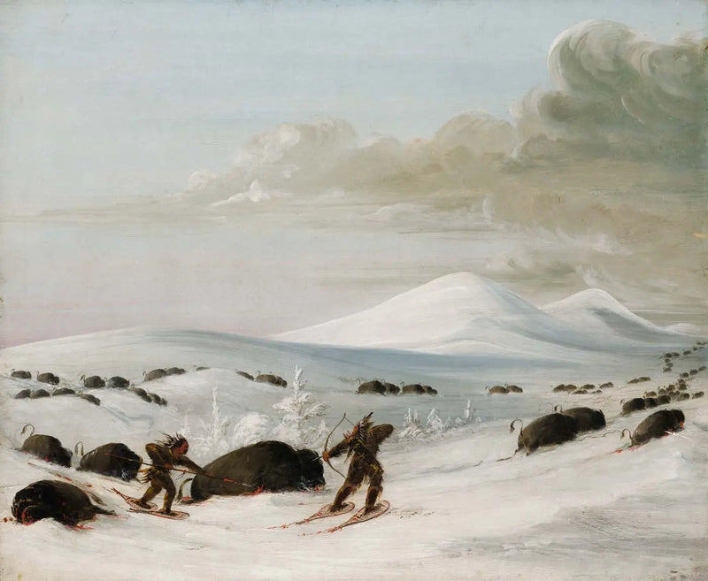 Bisonjakt i snödrivor, jakt av indianer med snöskor - George Catlin