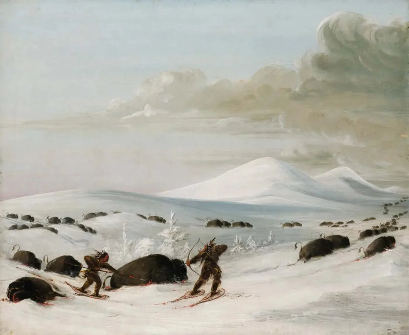 Bisonjakt i snödrivor, jakt av indianer med snöskor - George Catlin