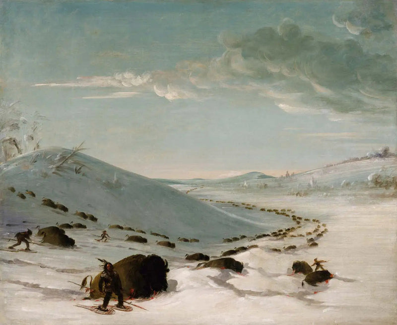 Bisonjakt på vintern, indianer med snöskor - George Catlin