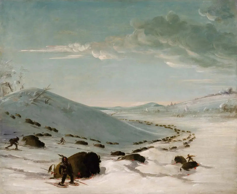Bisonjakt på vintern, indianer med snöskor - George Catlin