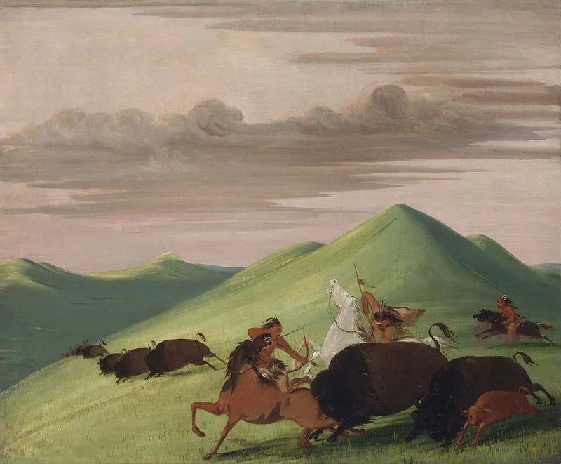 Bisonjakt, tjur som skyddar en ko och hennes kalv - George Catlin