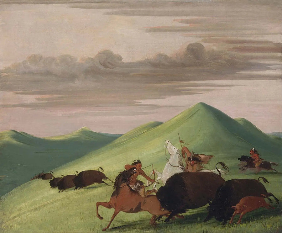 Bisonjakt, tjur som skyddar en ko och hennes kalv - George Catlin