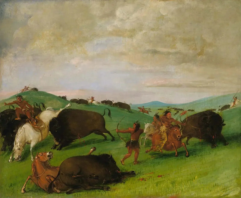 Bisonjakt, tjurkamp mellan män och hästar - George Catlin