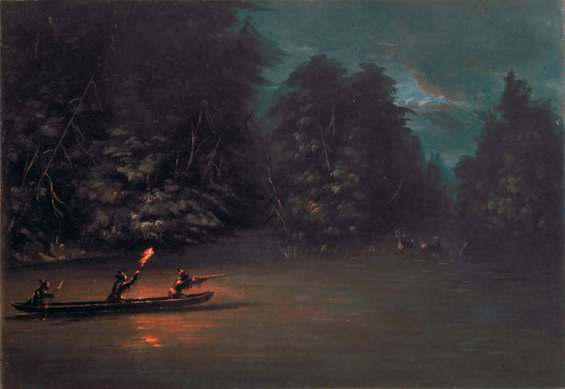Rovjakt på hjort med facklor i barkbåt - George Catlin