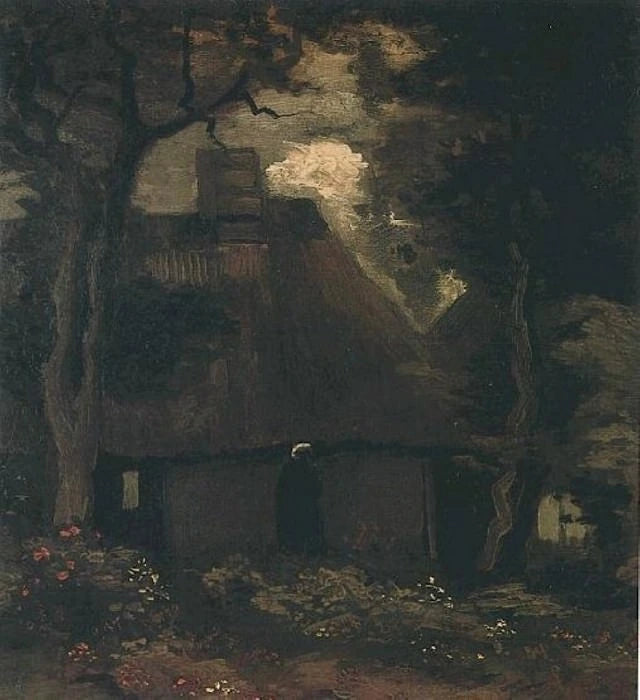 Stuga med träd och bondkvinna - Vincent van Gogh