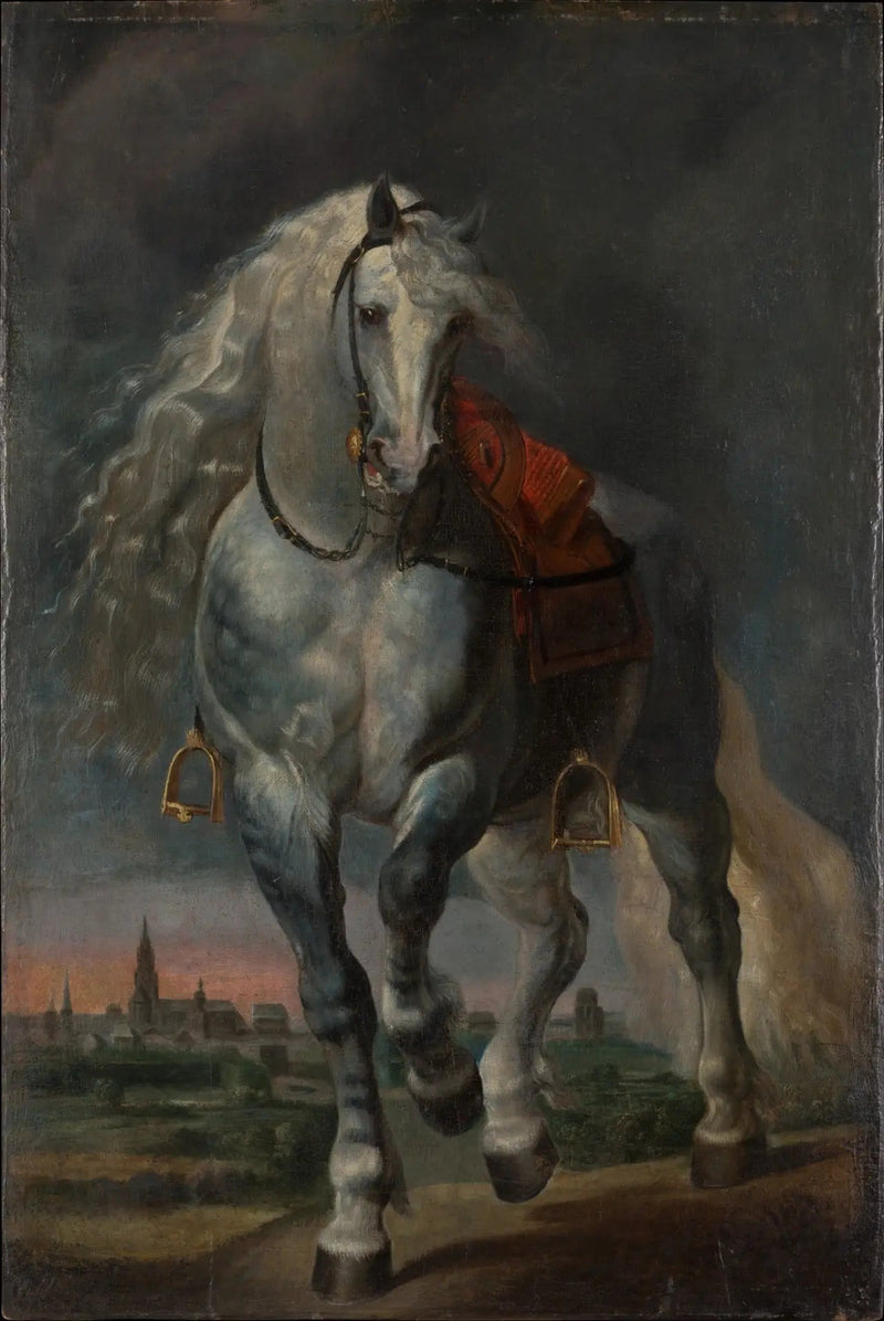 Vit häst som travar på ett platt landskap framför en stad - Peter Paul Rubens