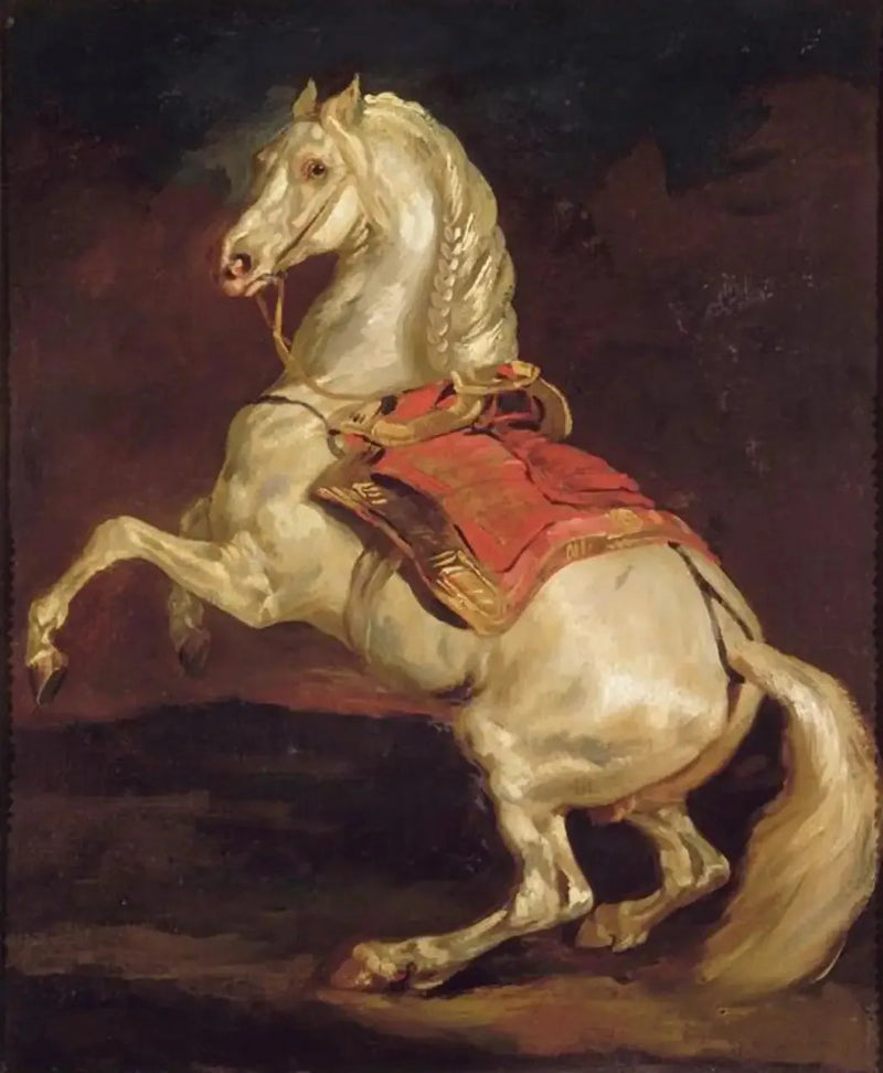 Häst i upprätt ställning på röd sadelmatta - Théodore Géricault