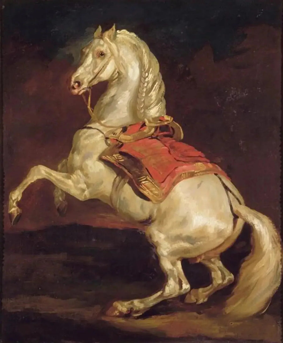 Häst i upprätt ställning på röd sadelmatta - Théodore Géricault