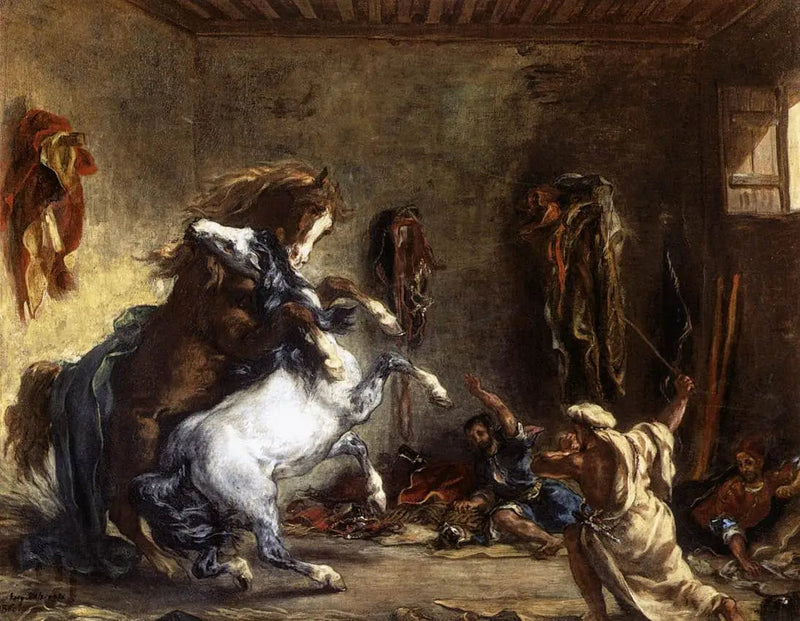 Arabiska hästar som slåss i ett stall - Eugène Delacroix