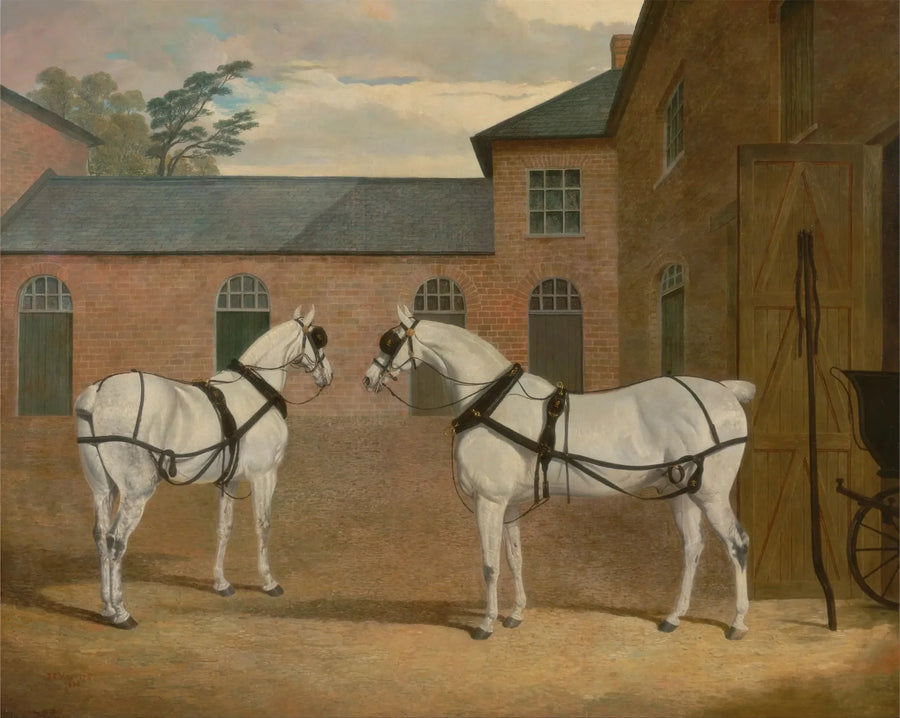 Grå hackneyhästar på gården vid Putteridge Bury vagnfabrik, Hertfordshire - John Frederick Herring, Sr.