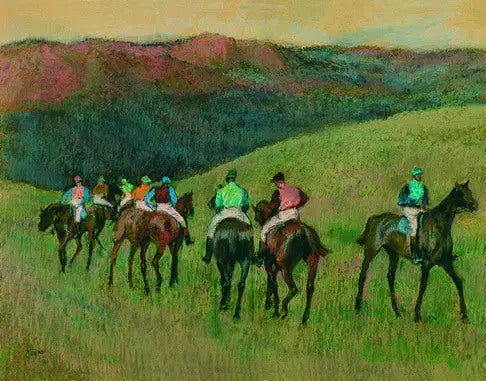 Hästar som tävlar i ett landskap - Edgar Degas