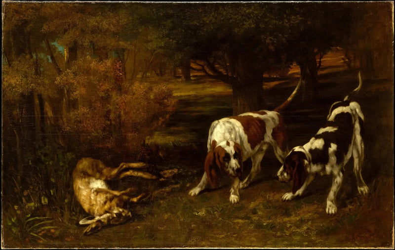 Jägshundar och död hare - Gustave Courbet