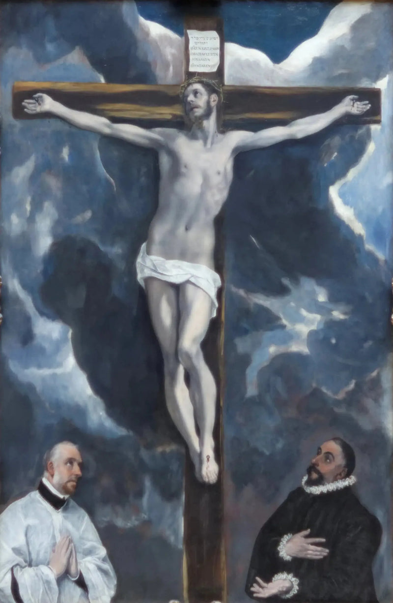 Kristus på korset älskat av två donatorer - El Greco