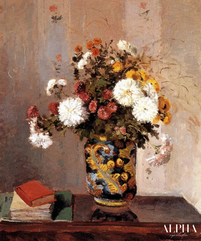 Chrysanthèmes dans un vase de porcelaine de porcelaine - Camille Pissarro - Reproductions de tableaux et peintures haut de gamme