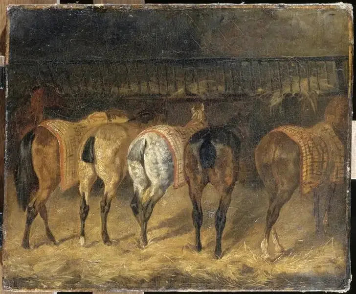 Fem hästar sedda bakifrån i en stall - Théodore Géricault