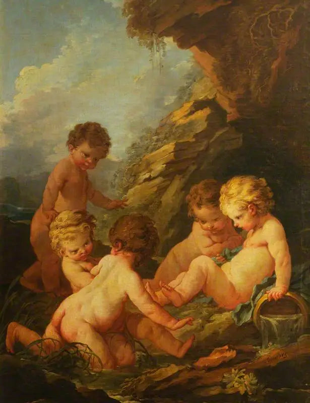 Fem nakna barn som leker vid kanten av en stenpool - François Boucher