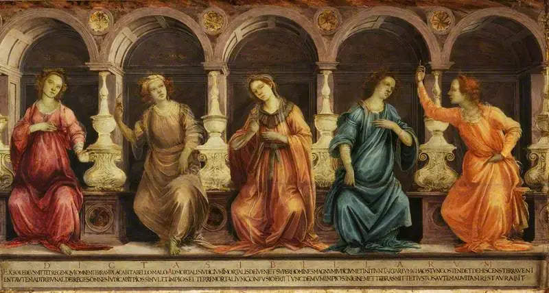Fem sibyllor sittande i nischer: den Samiska, den Kuméiska, den Hellespontiska, den Frygiska och den Tiburtina - Filippino Lippi