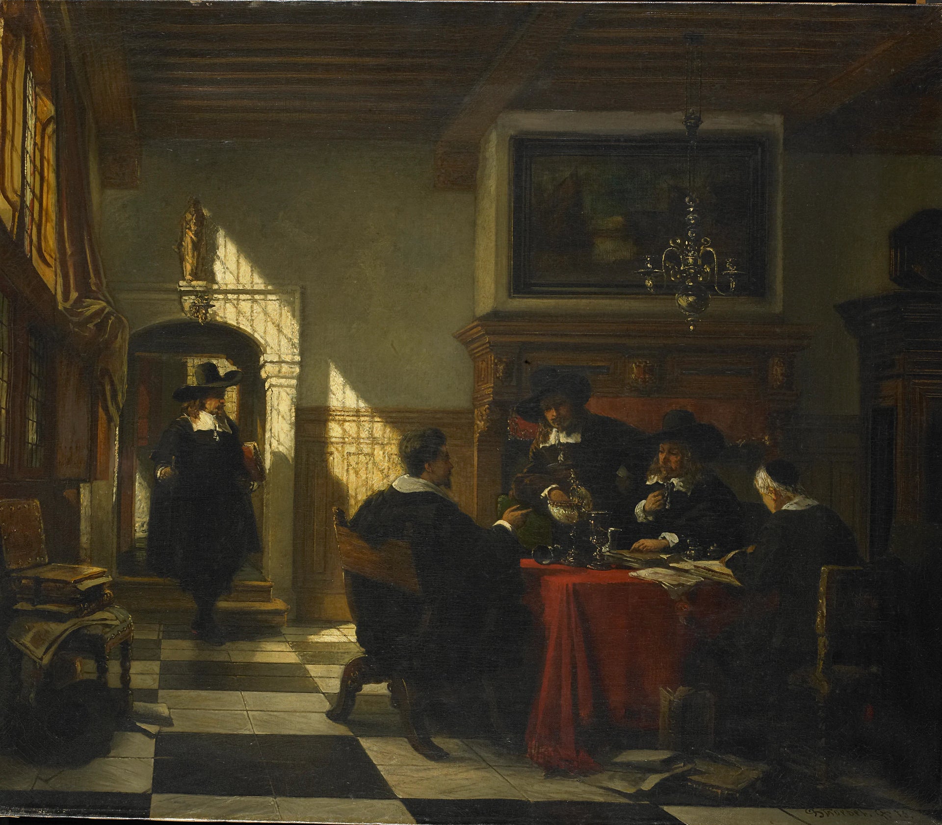 Compagnie en costume du XVIIe siècle à une table sur laquelle est posée une coupe Nautilus - Johannes Stroebel