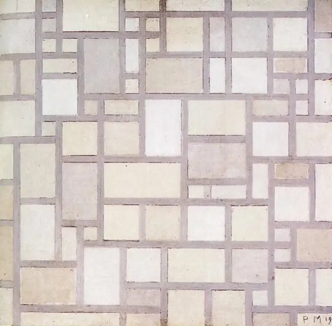 Komposition 7: Ljusfärgade planer med grå konturer - Piet Mondrian