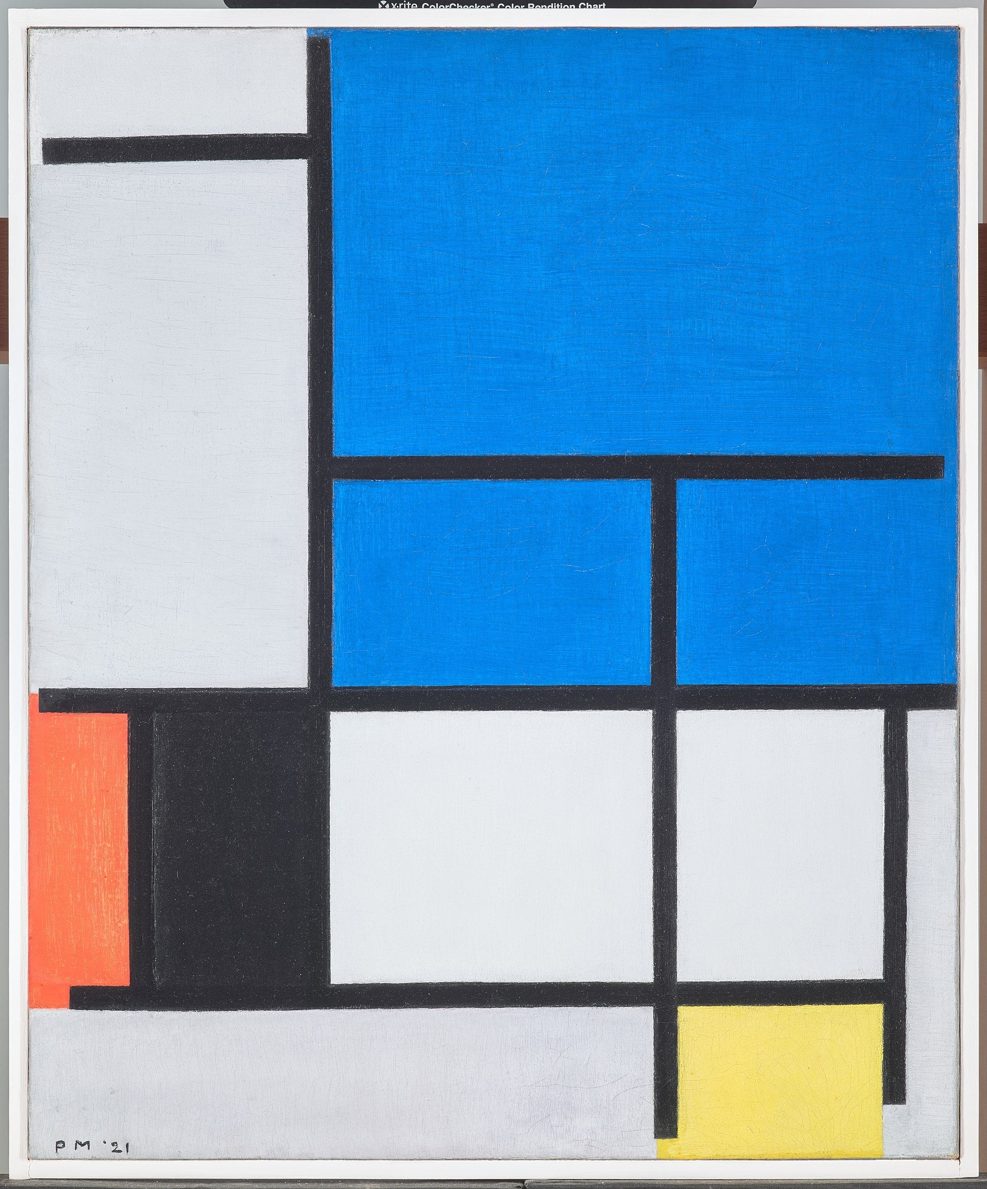 Komposition med ett stort blått, rött, svart, gult och grått flygplan - Piet Mondrian