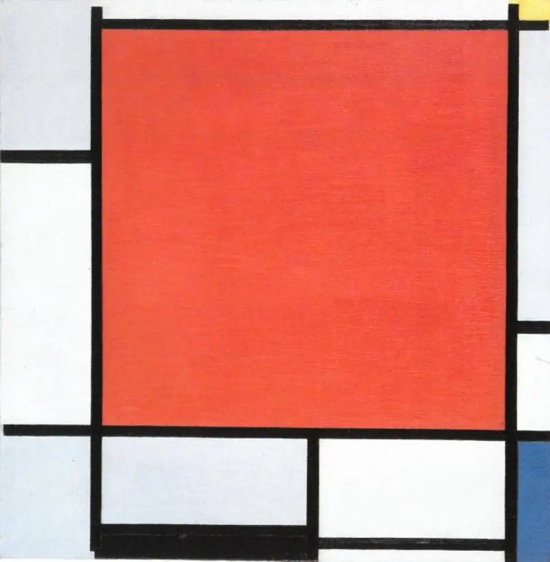 Komposition med ett stort rött, blågrått, gult, svart och blått flygplan - Piet Mondrian