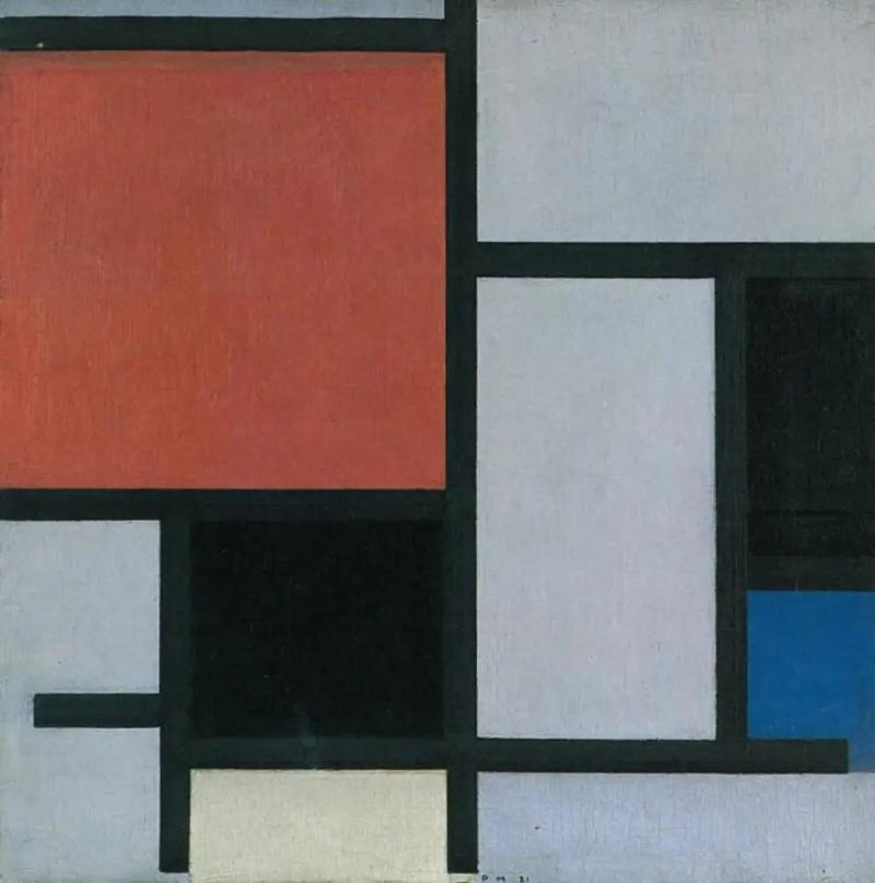 Komposition med ett stort rött, svart, blått, gult och grått flygplan - Piet Mondrian