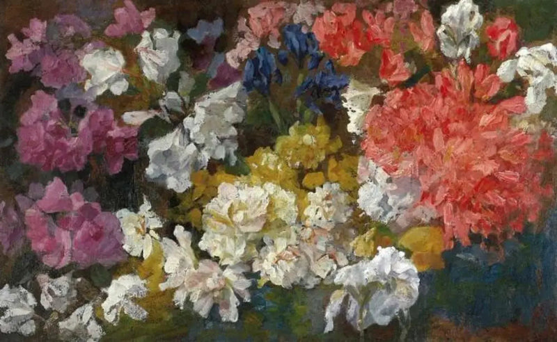 Blomsterkomposition med rhododendron och iris - Piet Mondrian