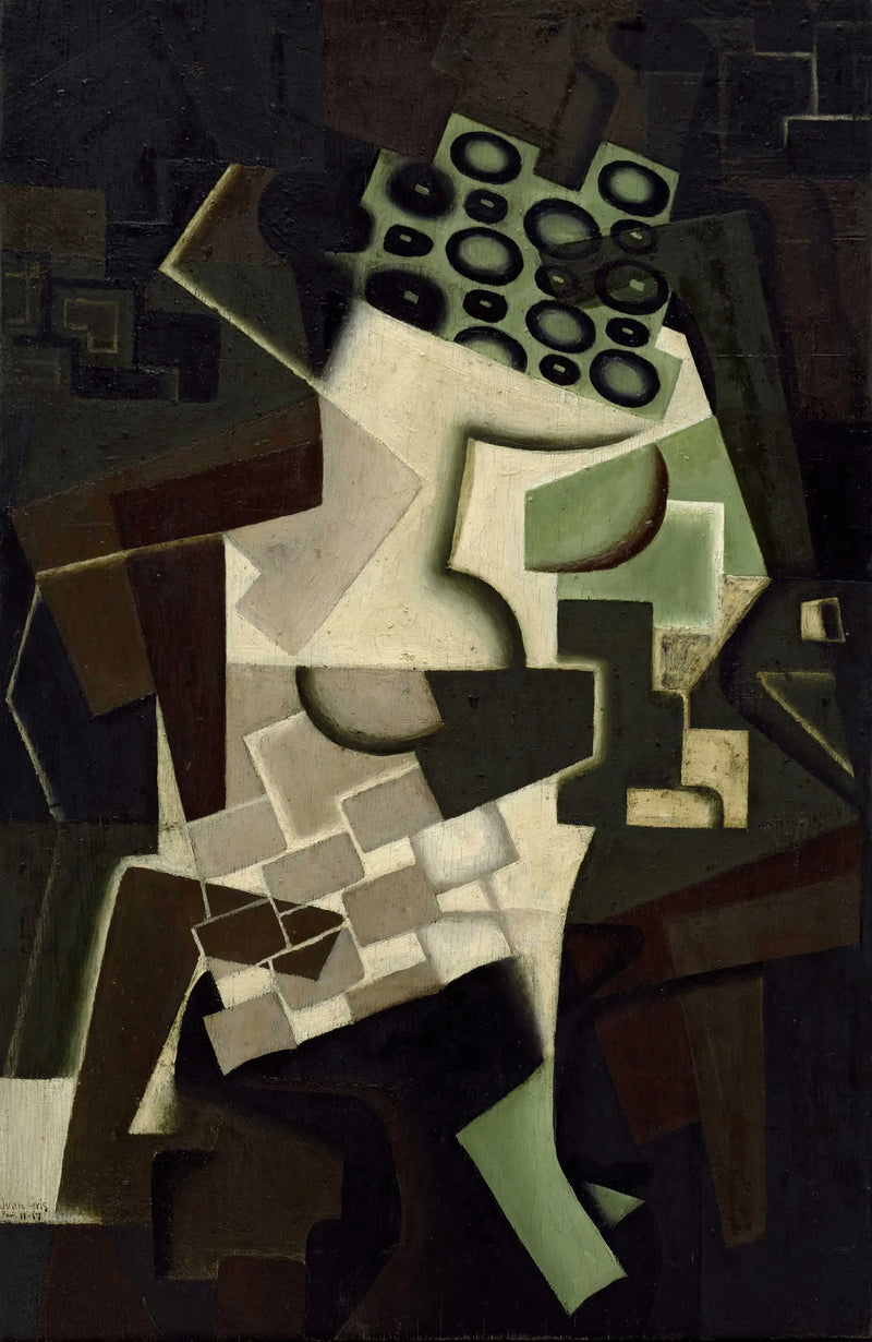 Fruktskål och rutigt bordslöpare - Juan Gris