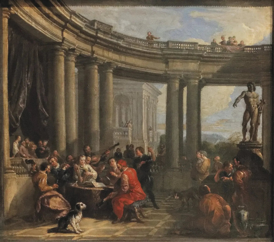 Konsert som hålls inuti en cirkulär galleria i dorisk ordning - Giovanni Paolo Panini