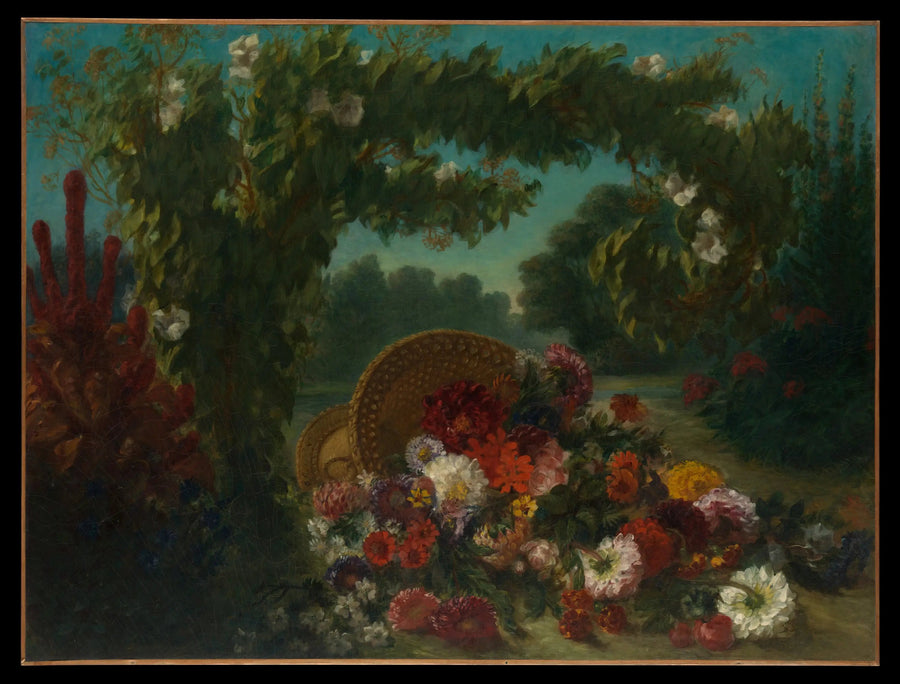 Omkullvälta blommor i en trädgård - Eugène Delacroix